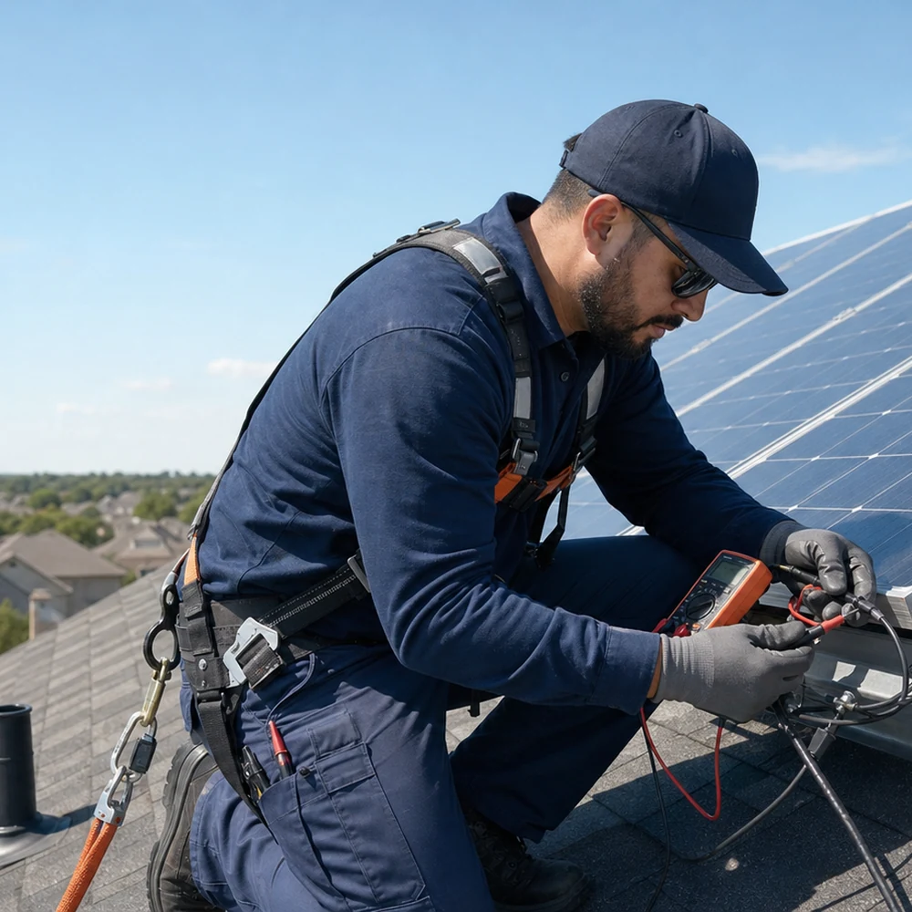 Technician diagnosing rooftop solar panel wiring in the Dallas-Fort Worth area, Solar Panels in Arlington - TX being inspected on a residential rooftop during a clear afternoon