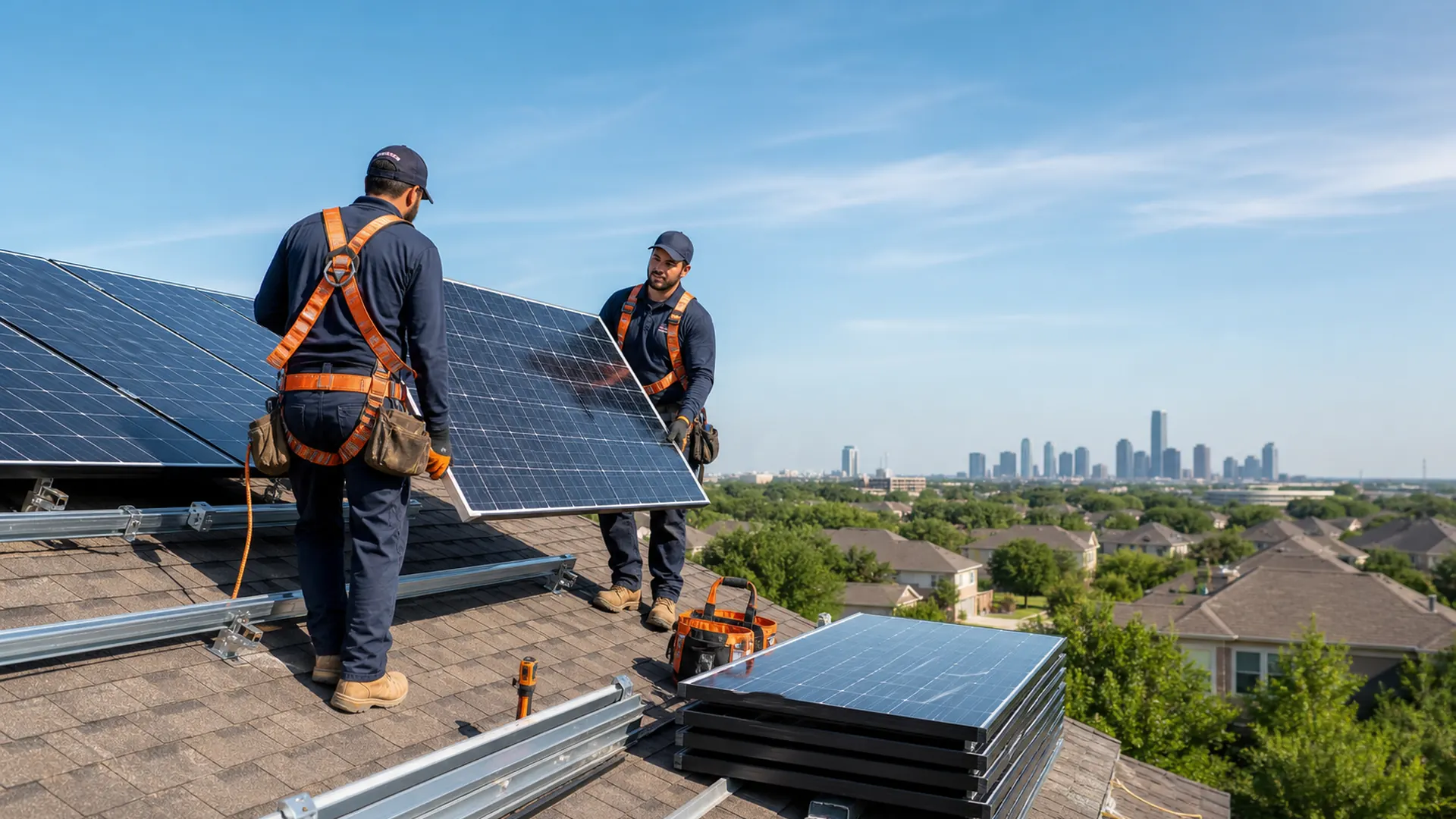 solar panel removal in dallas fort worth our team working, Solar Panels in Dallas County - TX being installed on a sloped residential roof at sunrise, Solar Panels in Grand Prairie - TX being aligned on a sloped roof during a residential installation