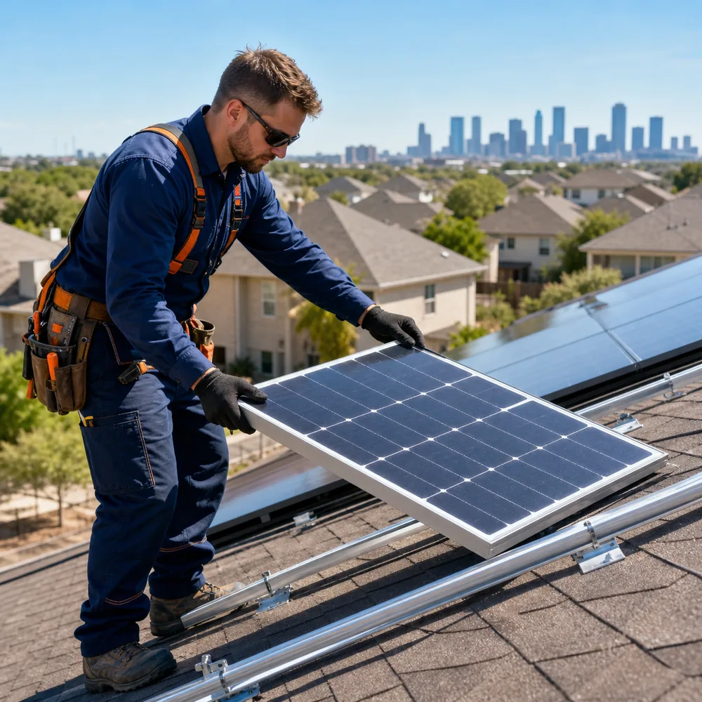 solar-panel-removal-replacement, Solar Panels in Tarrant County - TX being aligned by installers on a residential rooftop