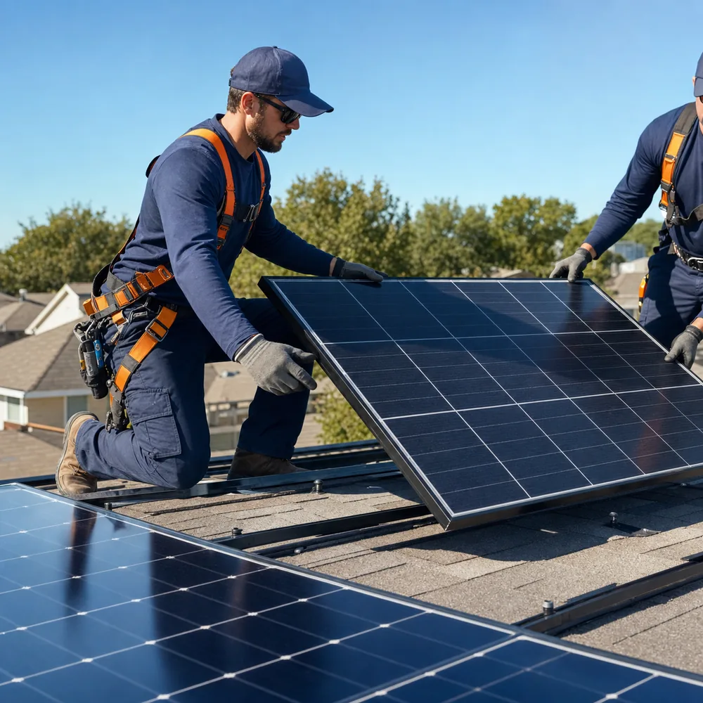 solar-panel-removal, Technician evaluating Solar Panels performance on a Dallas County - TX rooftop during bright afternoon conditions, Installer examining Solar Panels connections on a Grand Prairie - TX rooftop beside electrical conduit