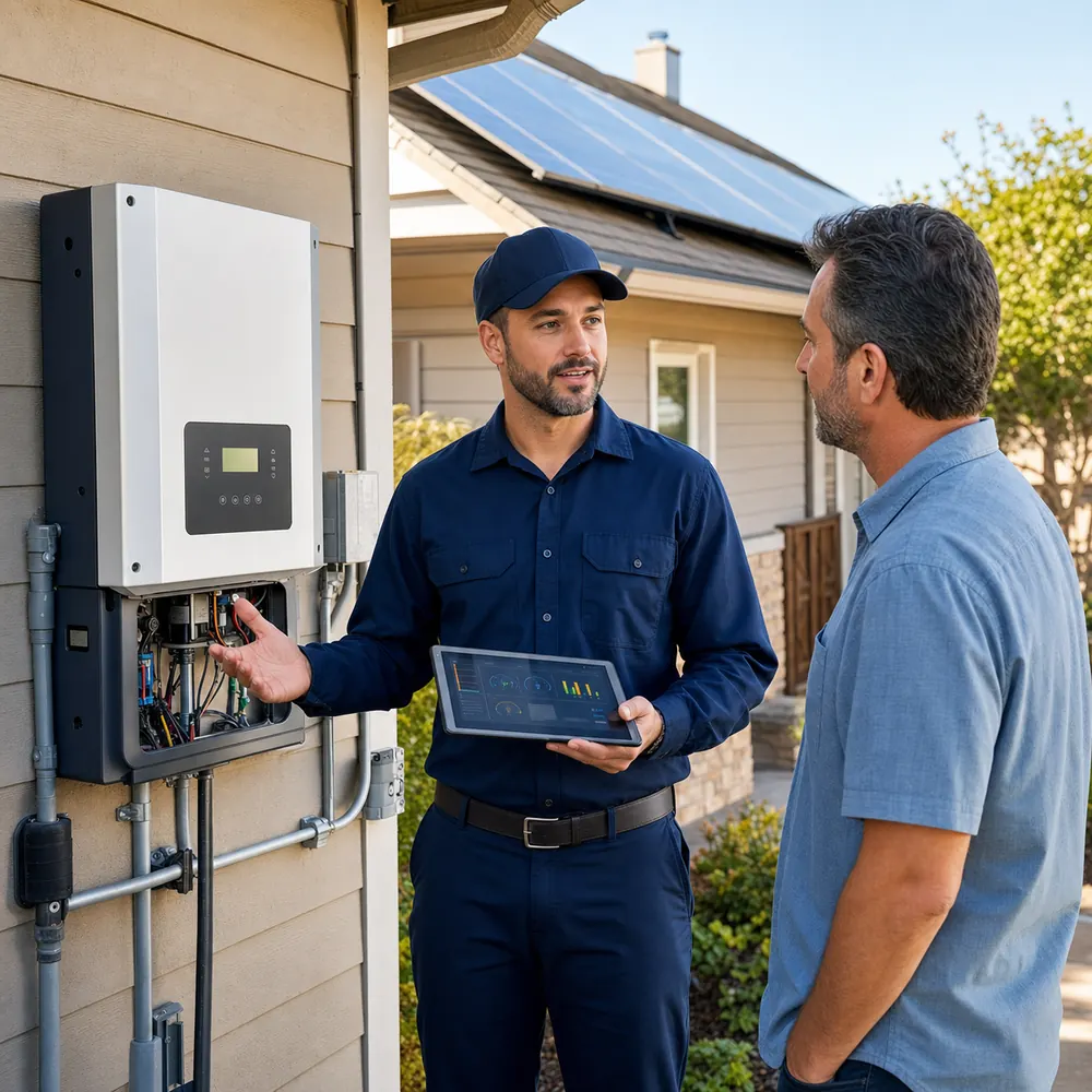 Solar technician explaining inverter and monitoring issues to a Dallas-Fort Worth homeowner