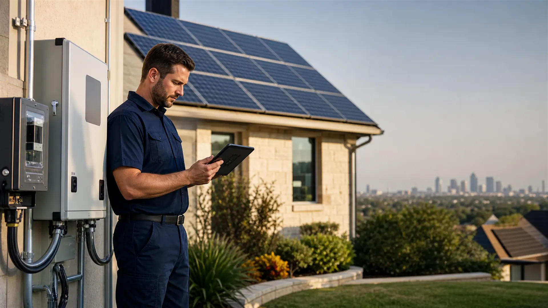 Solar technician reviewing solar system data beside home equipment in Dallas-Fort Worth, Solar Panels in Collin County - TX being positioned on a sloped roof during installation