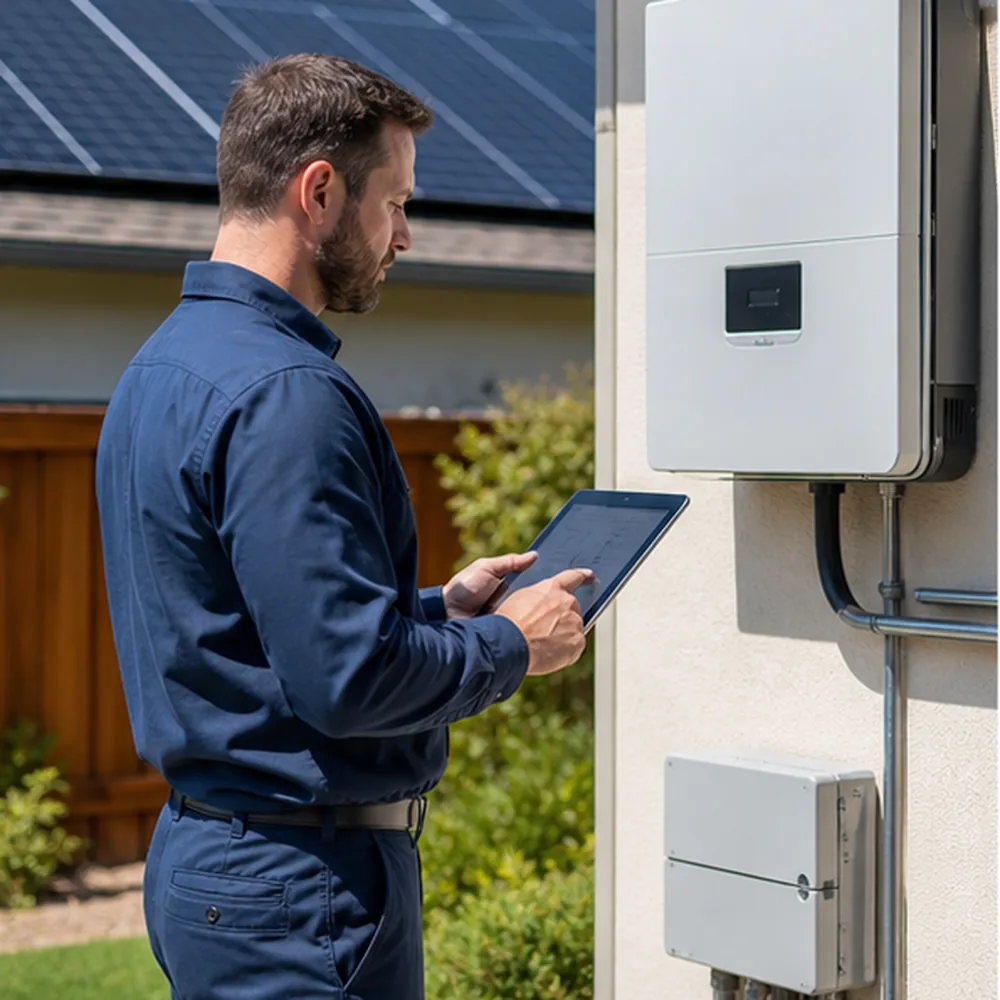 Technician preparing a solar system inspection report at a Dallas-Fort Worth home