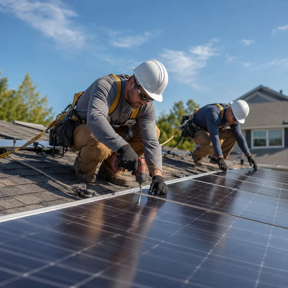 Solar Panels in Garland - TX being positioned on a residential roof beside vent stacks and flashing, Technician testing Solar Panels on a North Richland Hills - TX home while reviewing inverter readings, Solar Panels in Keller - TX being inspected by a technician on a sunlit residential roof