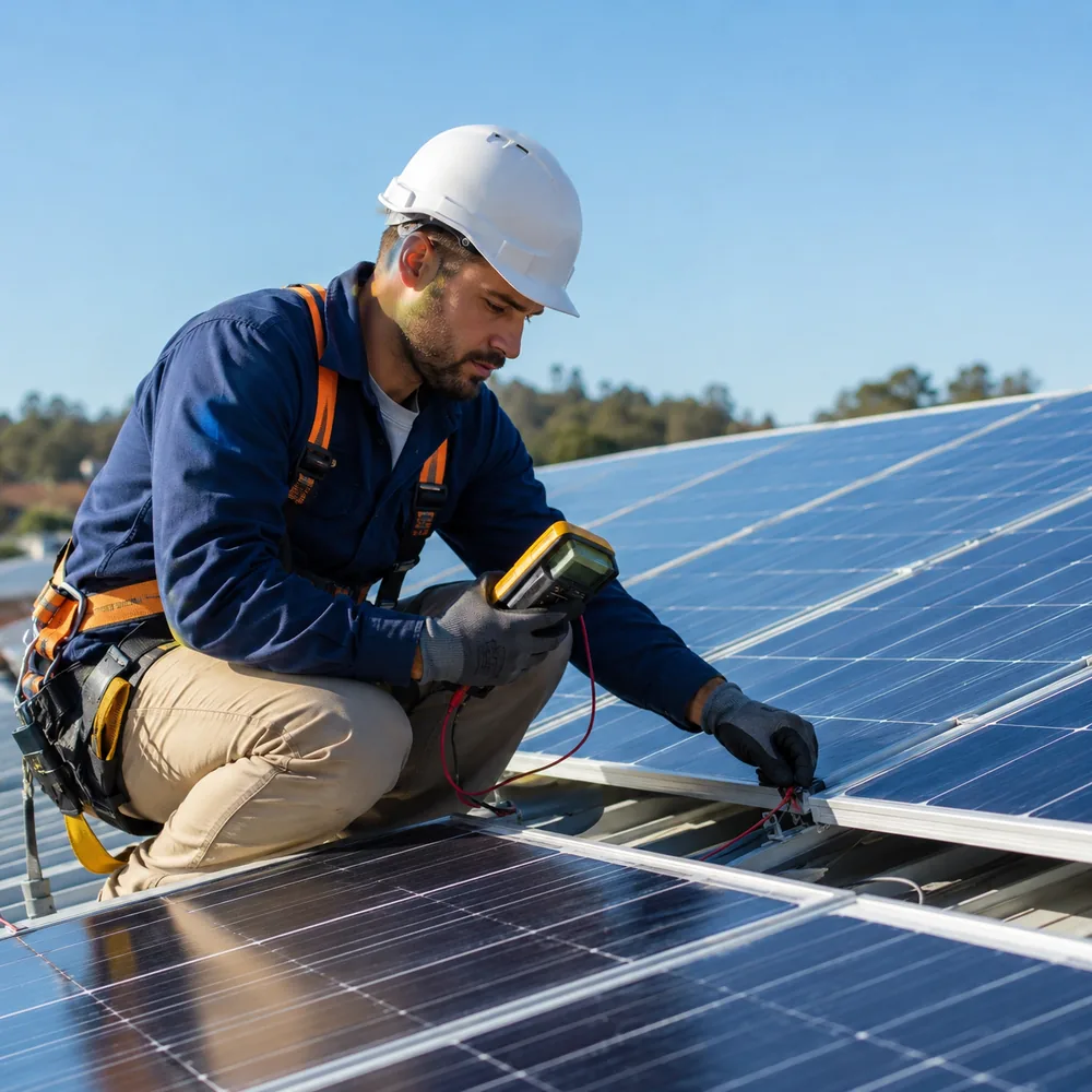 Technician inspecting Solar Panels wiring on a Dallas - TX rooftop beside vented attic equipment, Technician inspecting Solar Panels wiring on an Euless - TX roof during a maintenance visit
