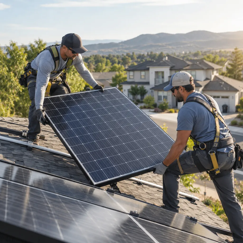 Technicians performing solar panel installation on a Dallas County - TX roof while checking panel alignment, Installer reviewing Solar Panel Installation plans beside a Grand Prairie - TX roof access point