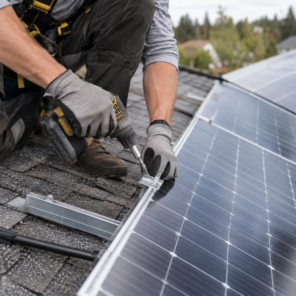 Installer managing solar panel installation details on a Collin County - TX roof during midday inspection, Technician assessing Solar Panel Installation details on an Arlington - TX roof beside electrical components