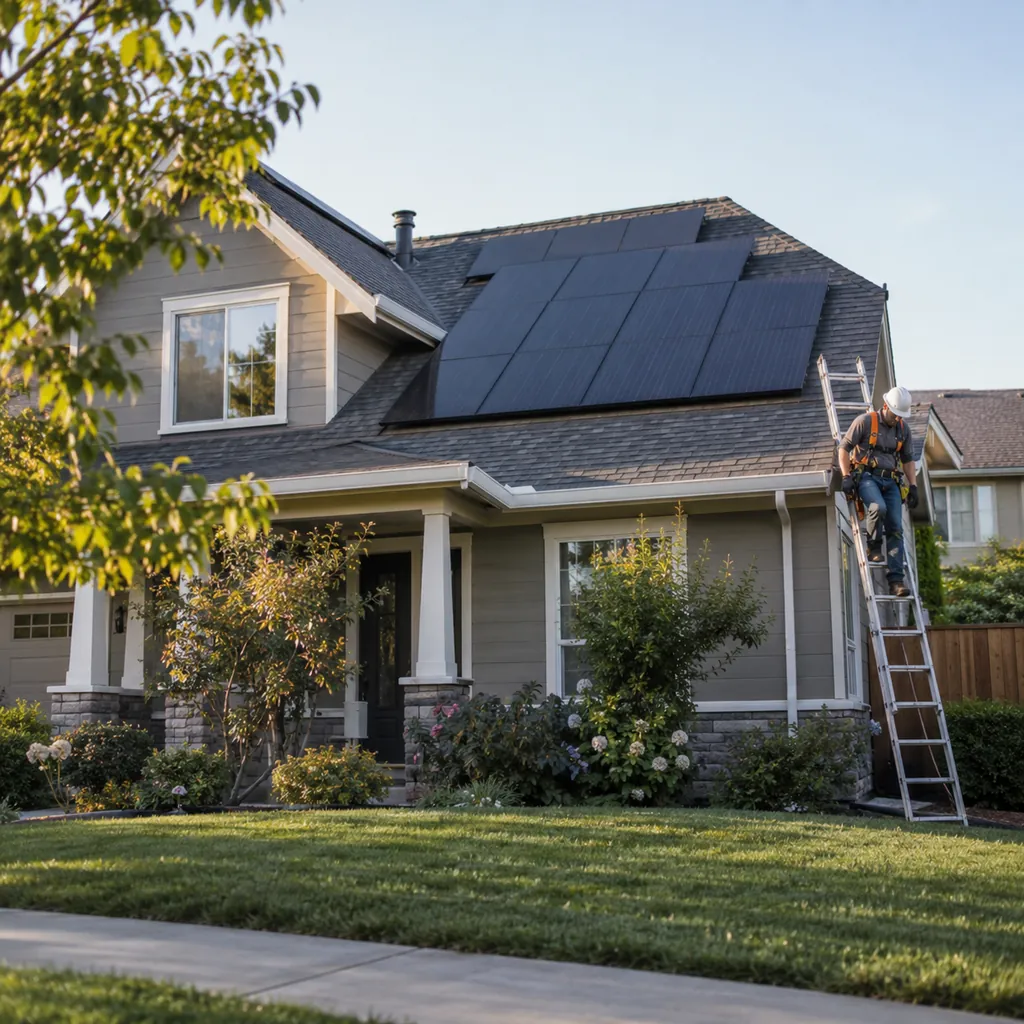 Technician reviewing solar panel installation plans beside a Denton County - TX home before rooftop work ,Installer reviewing Solar Panel Installation plans beside a North Richland Hills - TX home electrical meter