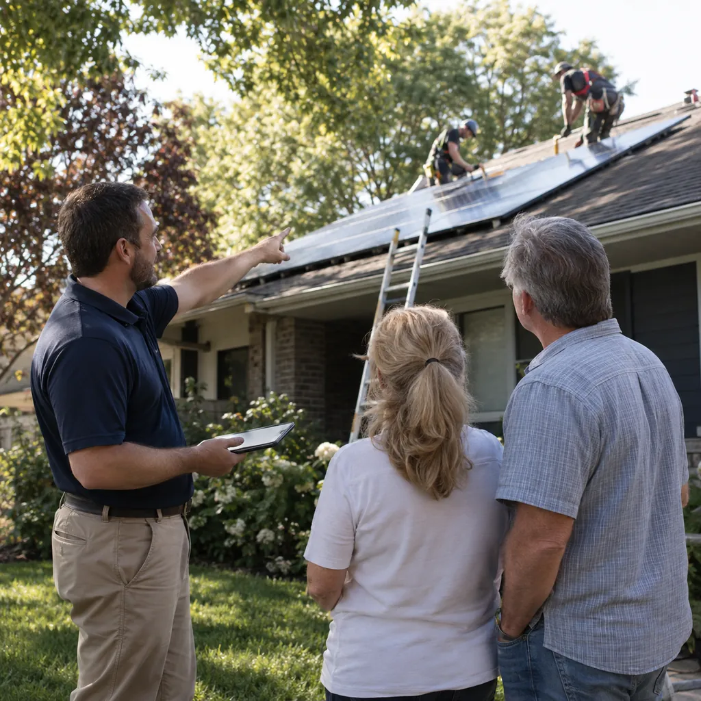 Installer reviewing Solar Panel Installation options on an Ellis County - TX roof with electrical plans in hand, Technician reviewing Solar Panel Installation measurements on a Keller - TX roof near mounted rails