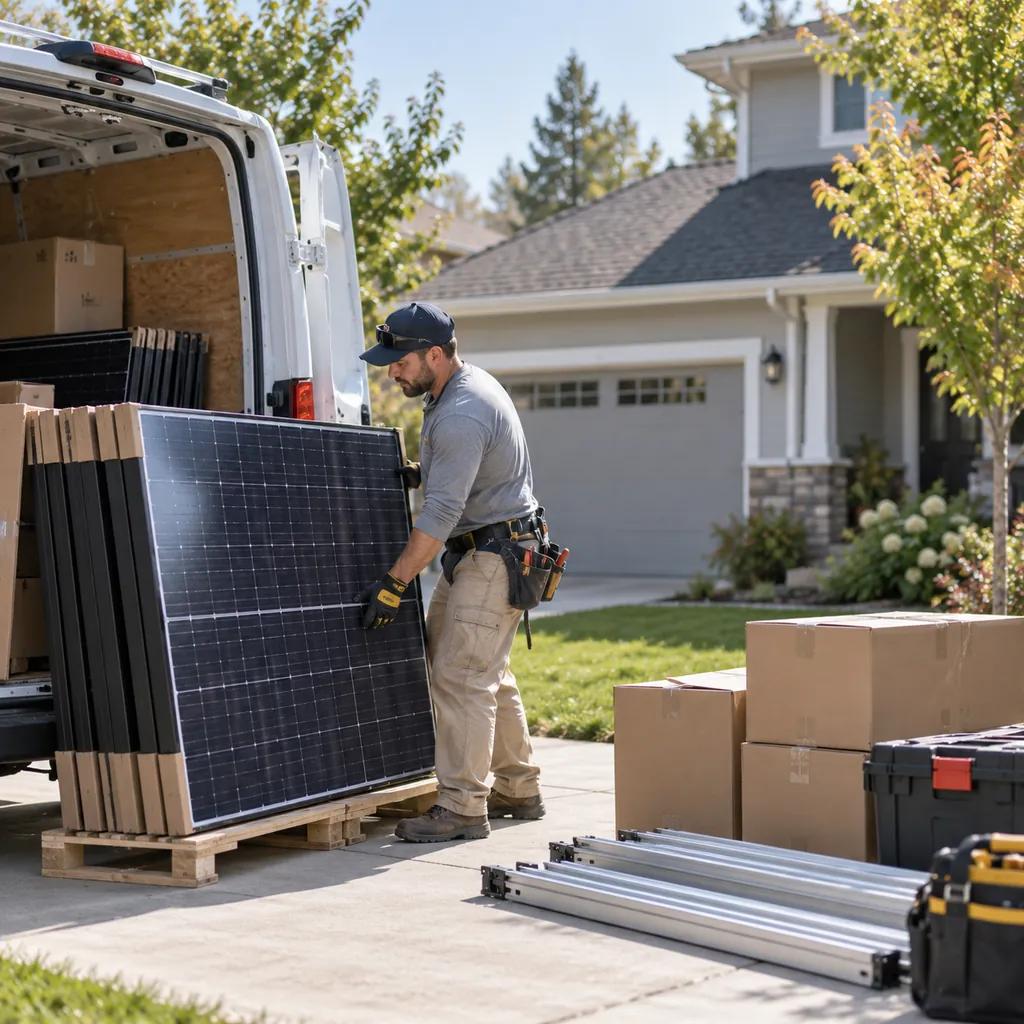 Solar Panel Installation in Dallas - TX as a crew secures rooftop rails beside stacked equipment, Solar Panel Installation in Euless - TX as technicians secure rooftop rails beside aligned solar modules