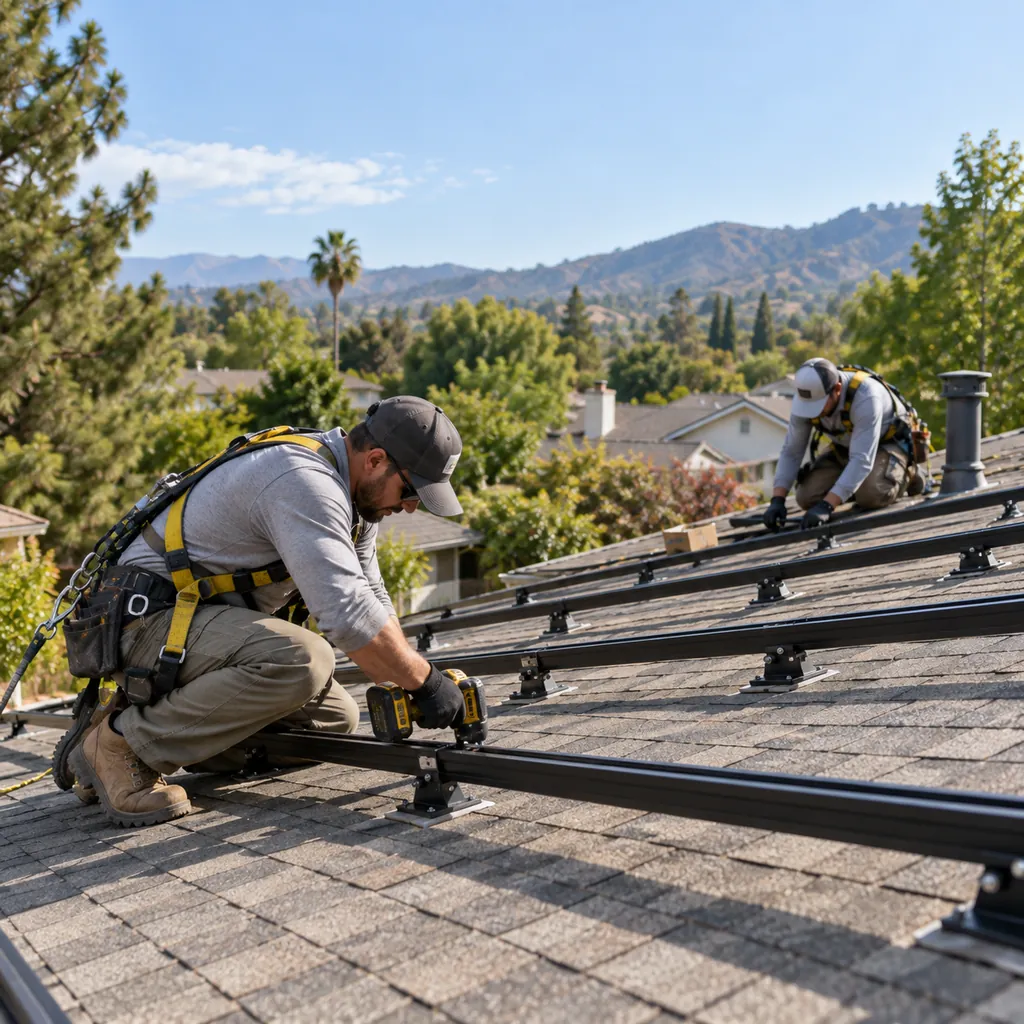 Technician reviewing Solar Panel Installation plans on a Dallas - TX rooftop near electrical conduit runs, Installer reviewing Solar Panel Installation plans on an Euless - TX rooftop near electrical equipment