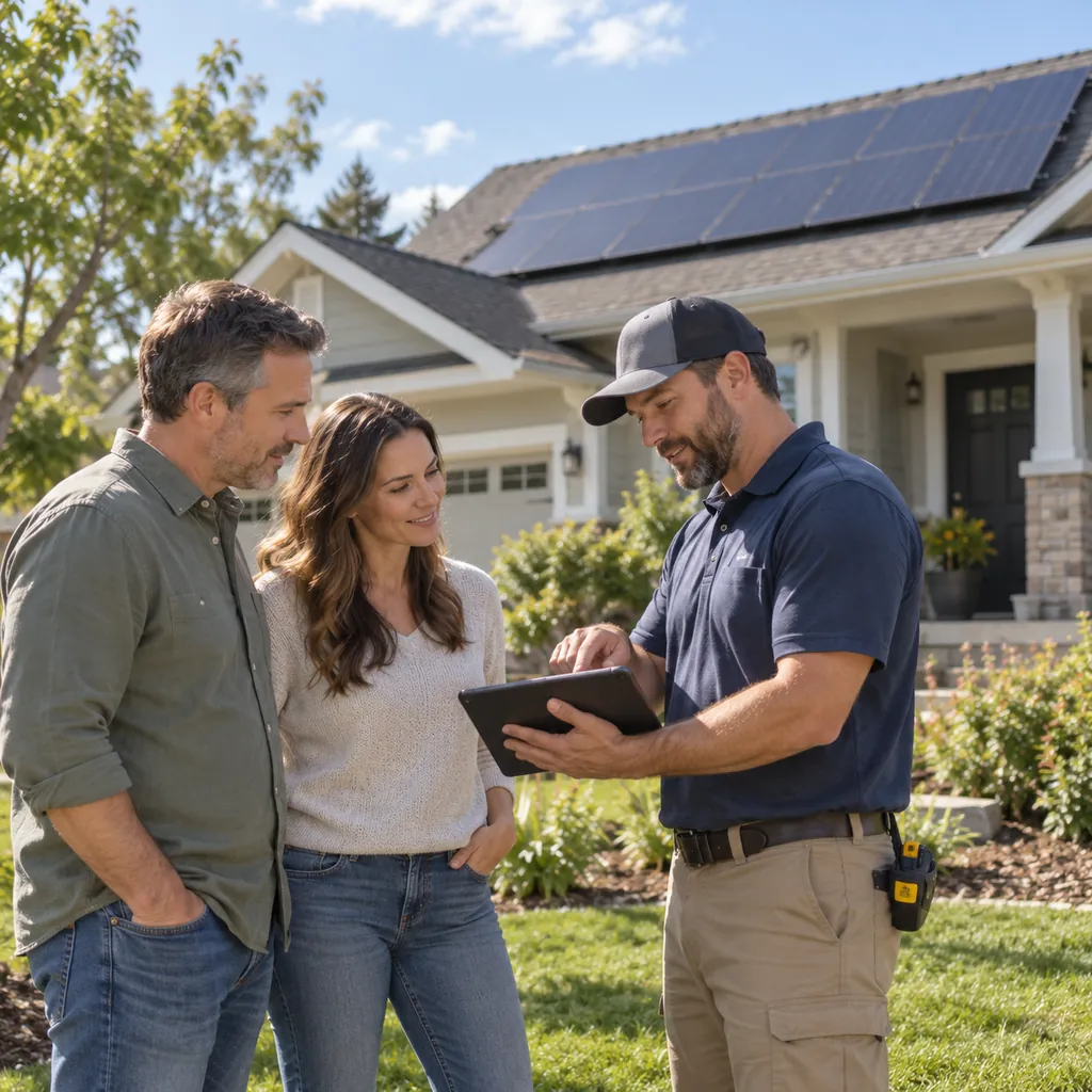 Technician assessing Solar Panel Installation options on an Irving - TX roof beside mounted electrical equipment, Technician mapping Solar Panel Installation options on a Plano - TX roof beside service equipment