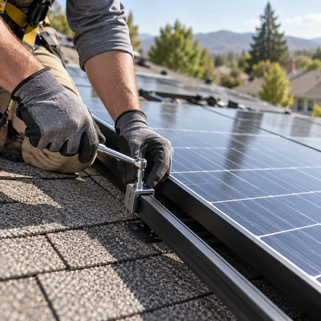 Solar Panel Installation in Garland - TX as a crew secures panels along a residential roofline