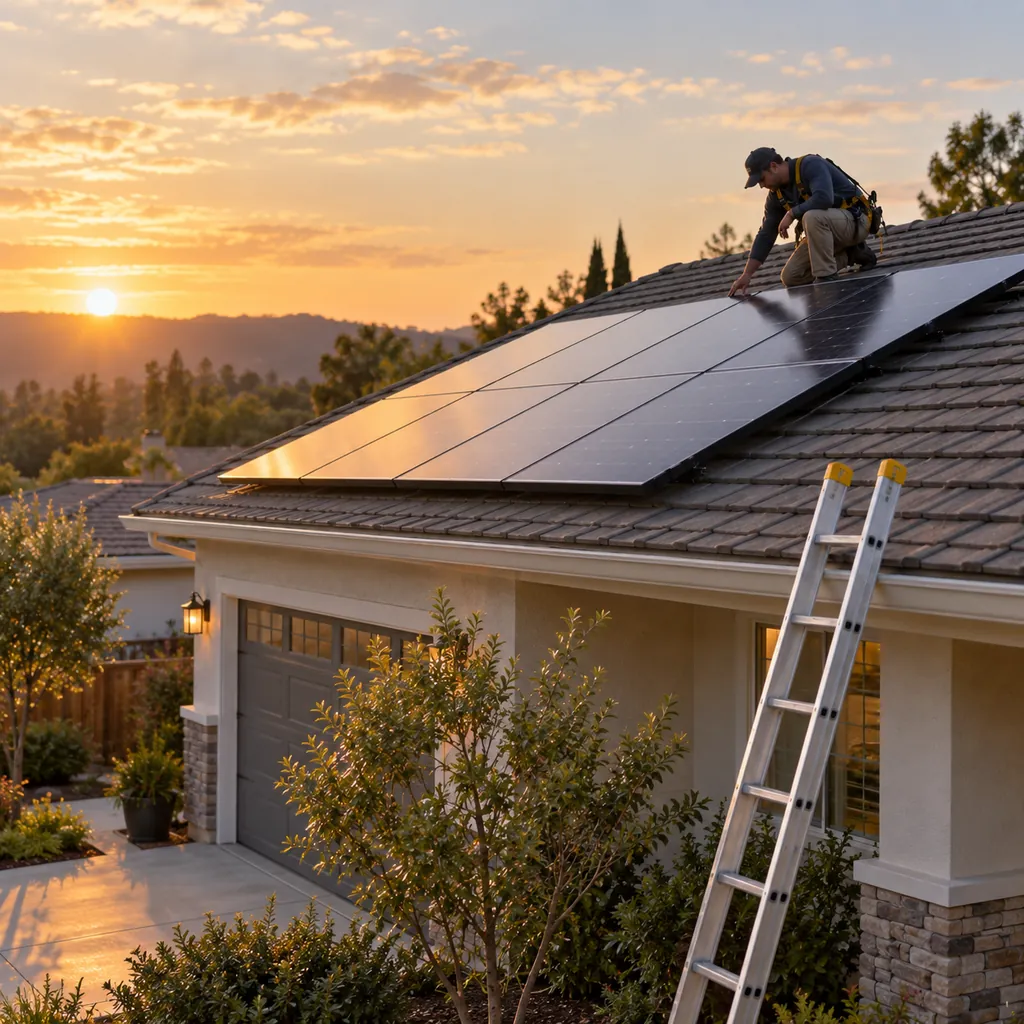 Technician reviewing Solar Panel Installation measurements on a Garland - TX rooftop near electrical conduit